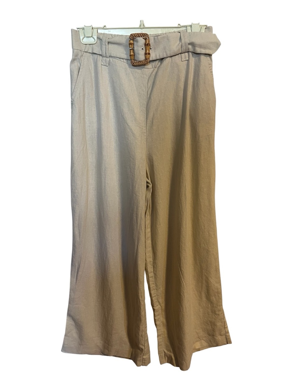 Sigrid Olsen Wide-Leg Linen Blend Pants with Woven Buckle -Beige Size Small